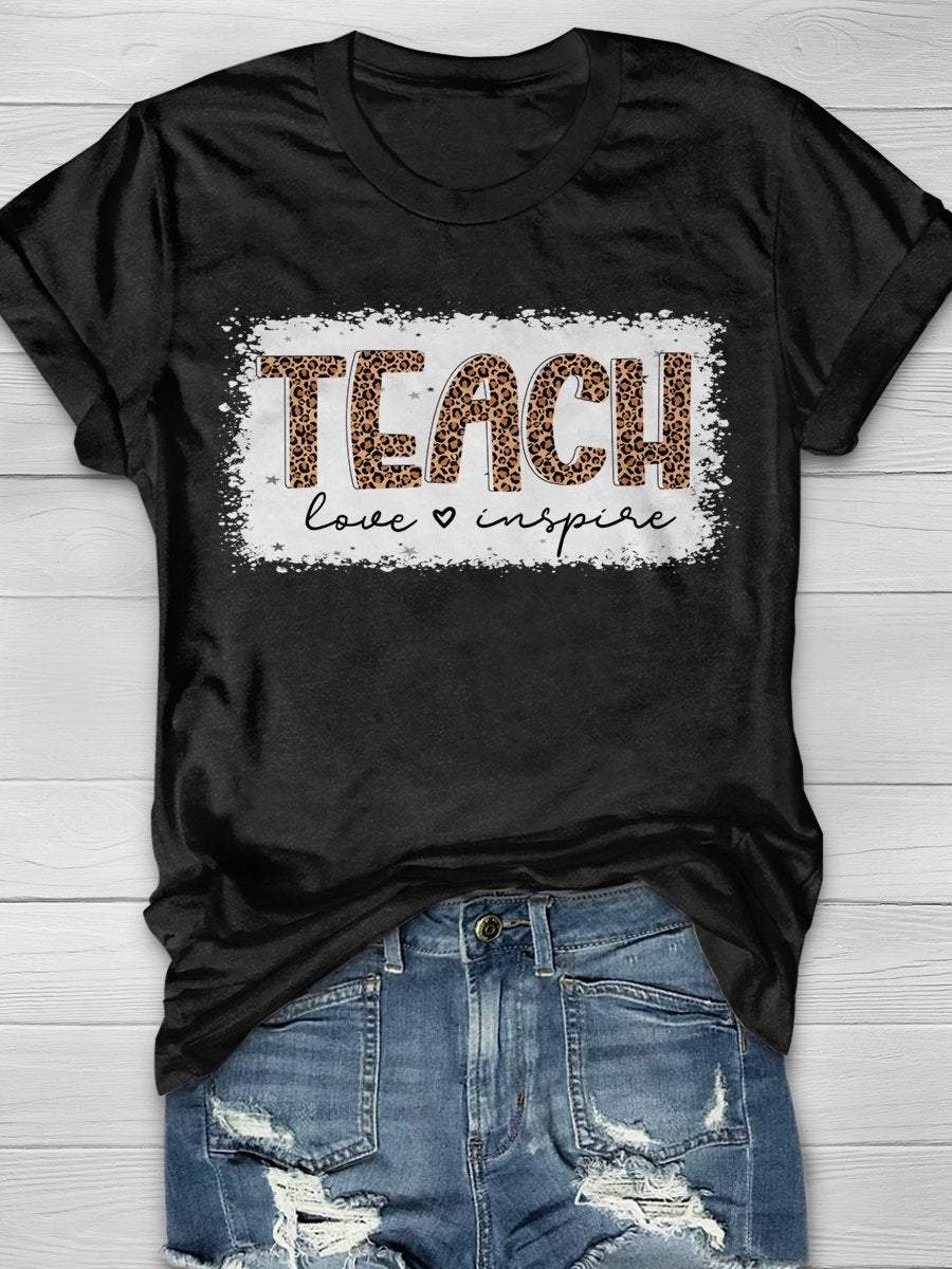 Teach Love Inspire Teacher Valentine's Day Bleached Print Short Sleeve T-shirt