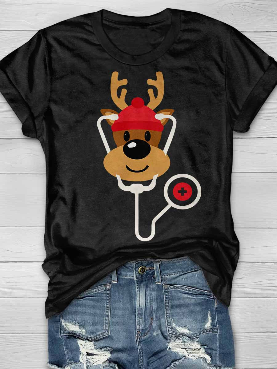 Reindeer Nurse Christmas Print Short Sleeve T-shirt
