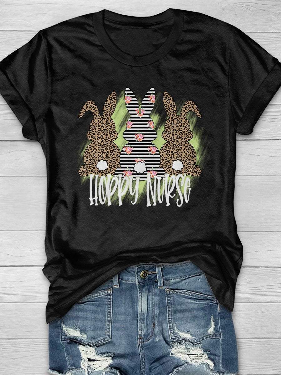Hoppy Nurse Leopard Bunny Print Short Sleeve T-shirt