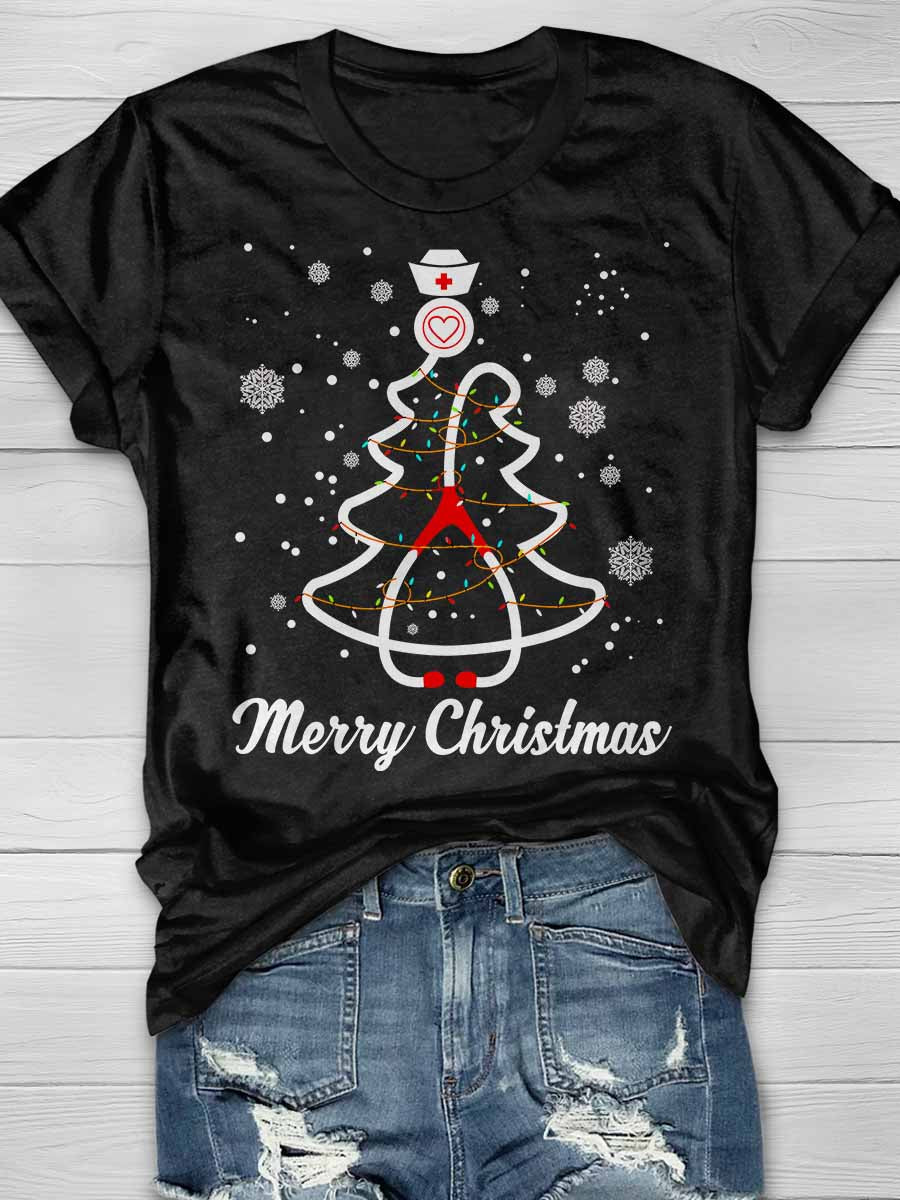 Stethoscope Christmas Tree Print Short Sleeve T-shirt