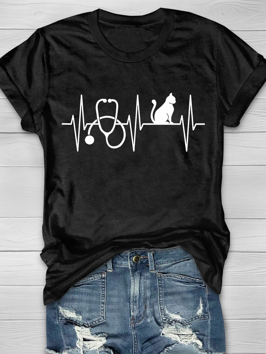 Stethoscope & ECG & Cat Print Short Sleeve T-shirt