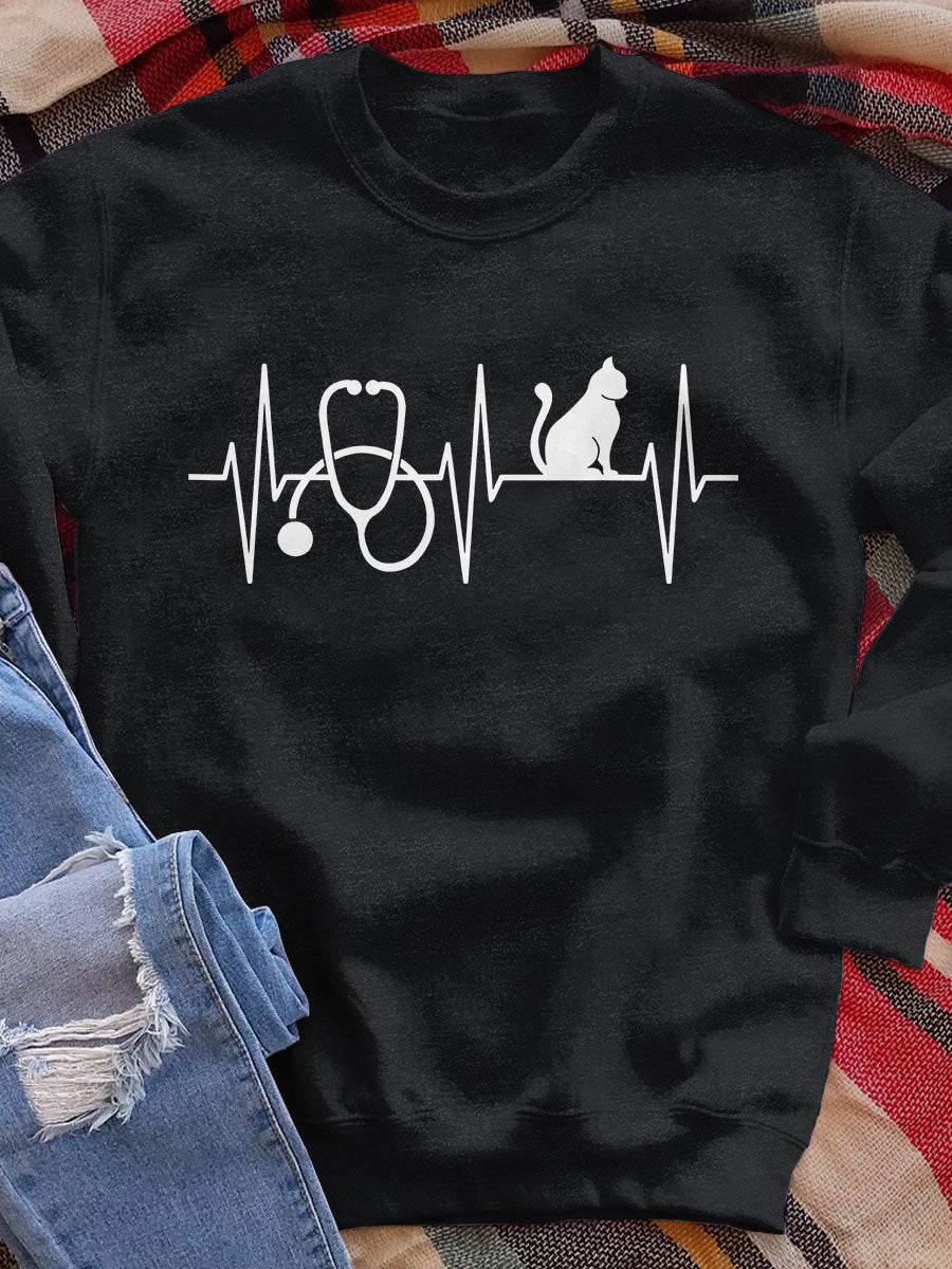 Stethoscope & ECG & Cat Print Sweatshirt