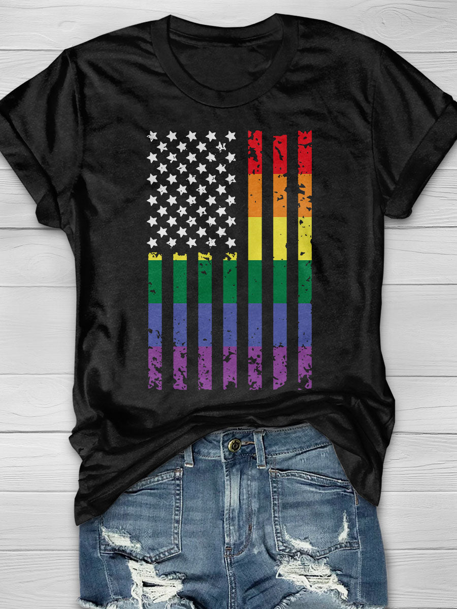 Distressed Rainbow LGBT American Flag Gay Pride print T-shirt
