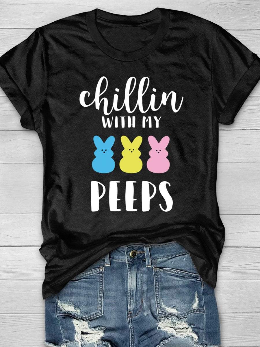 Chillin With My Peeps Easter Print Short Sleeve T-shirt