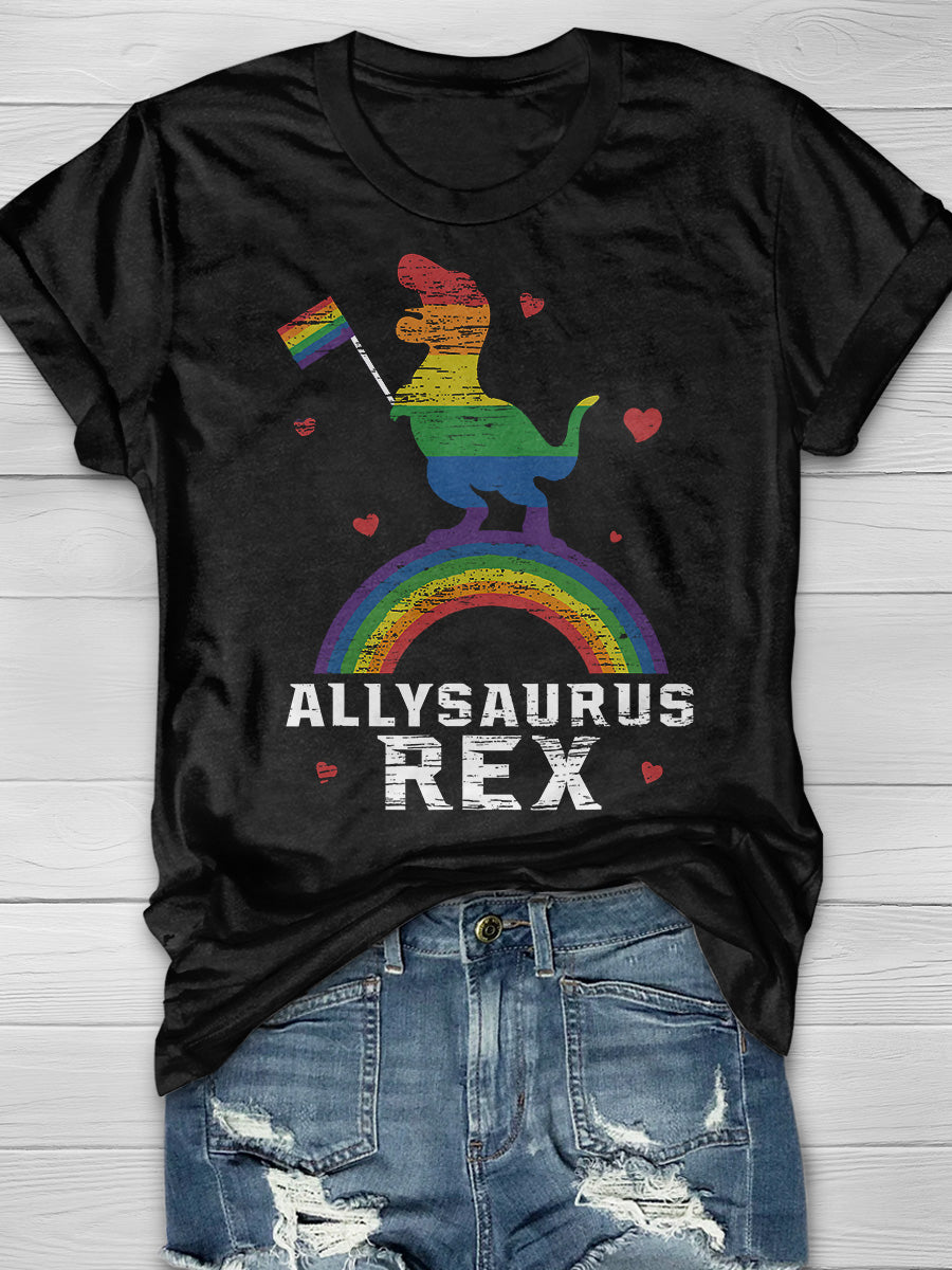 Allysaurus Rex Dinosaur In Rainbow Print Short Sleeve T-shirt