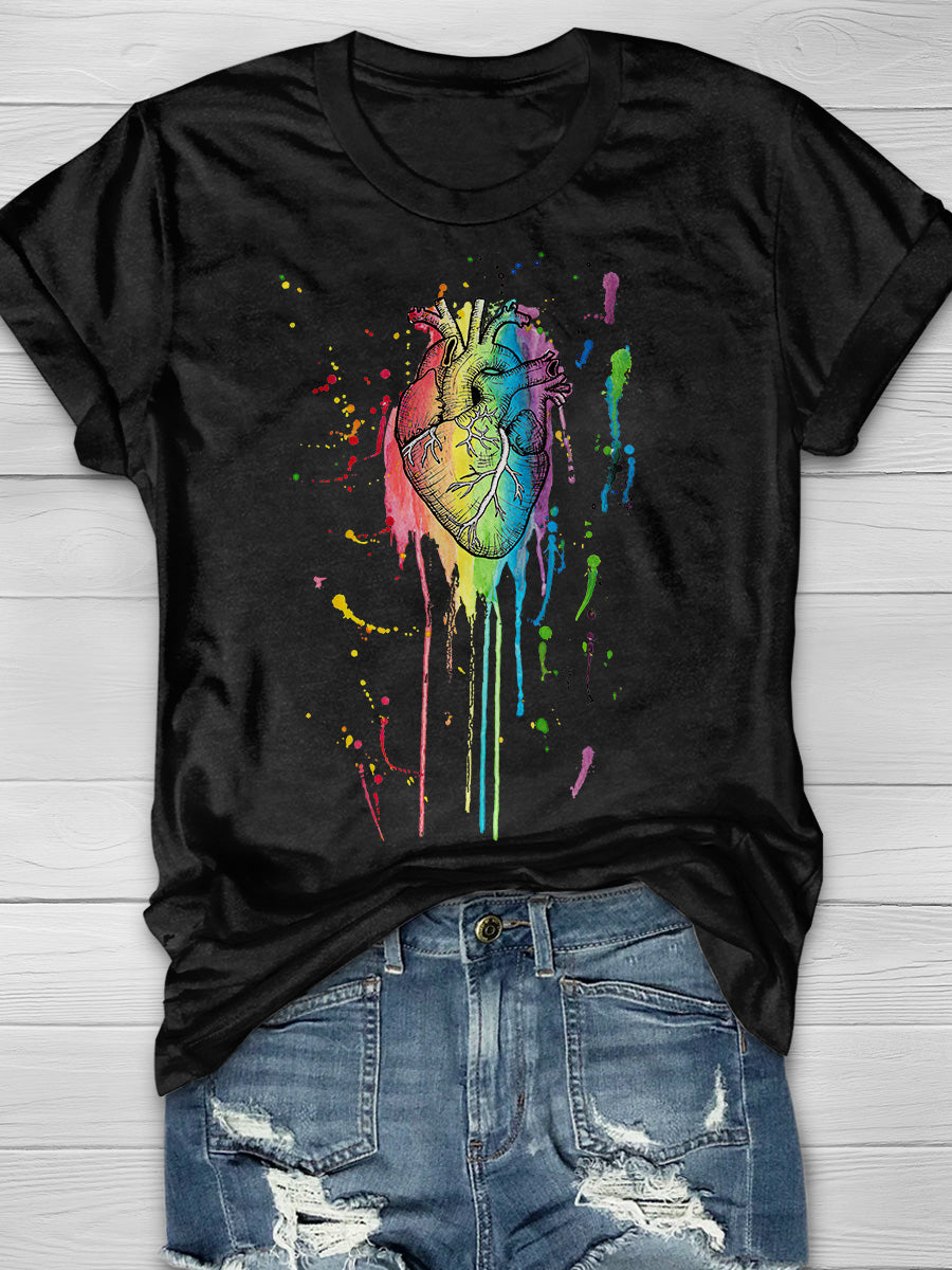 Rainbow Anatomical Heart Print Short Sleeve T-shirt