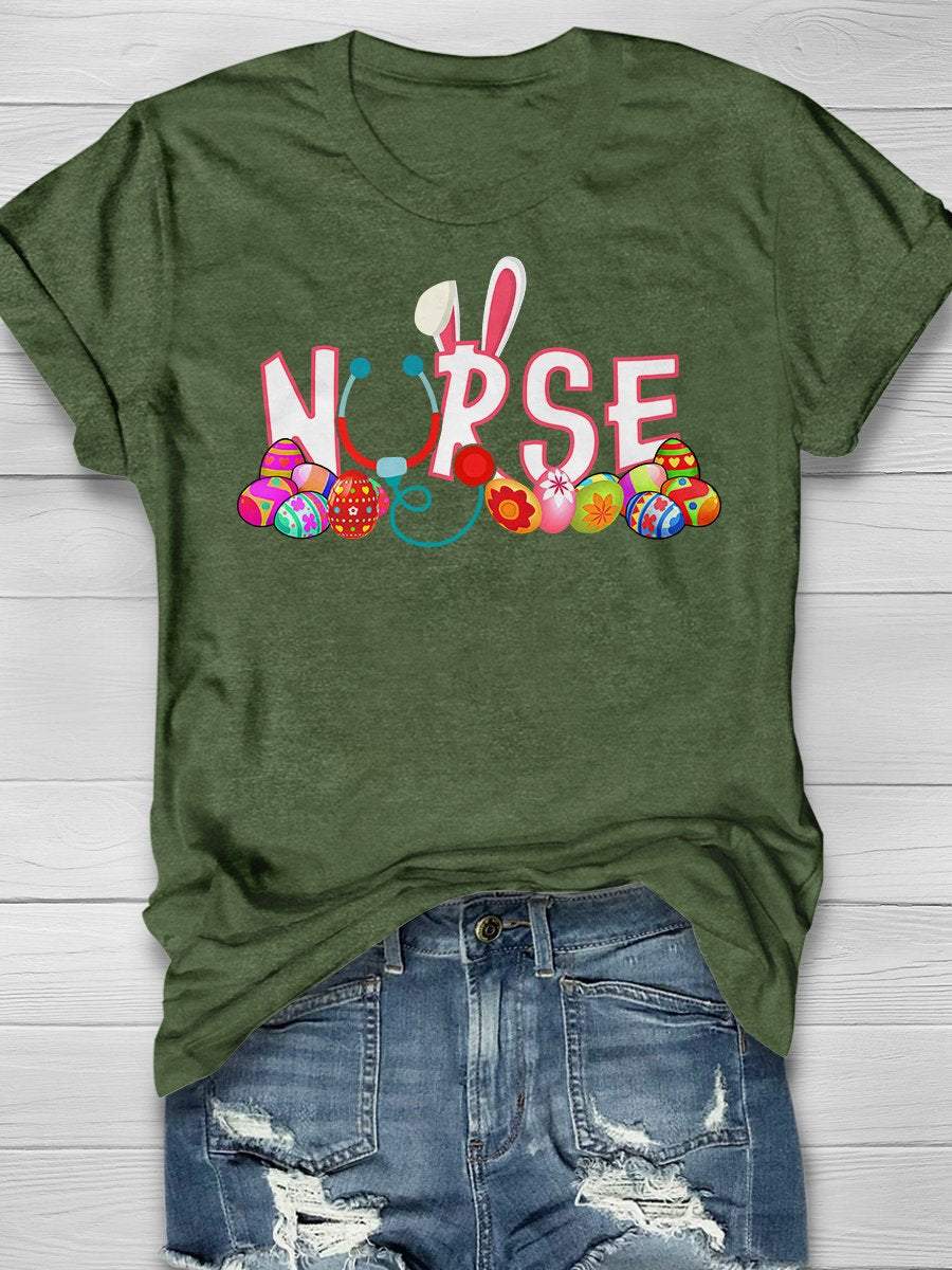 Stethoscope Nurse Bunny Tail Colorful Eggs Easter Print Short Sleeve T-shirt