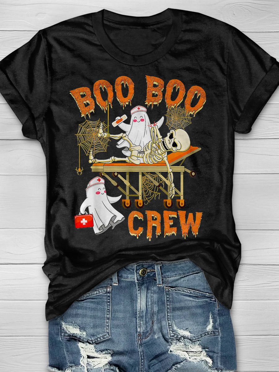 Boo Boo Crew Funny Nurse Halloween Costume Ghost Print Short Sleeve T-shirt