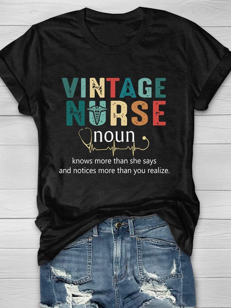 Vintage Nurse Print Short Sleeve T-shirt