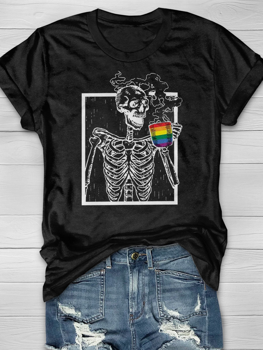 Skeleton Drinking Coffee Rainbow Print T-shirt