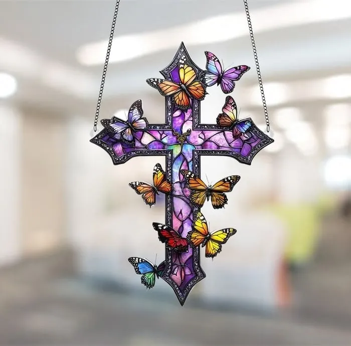 ✝️💜Purple Rose/Butterfly Cross Suncatcher Hanging Decor