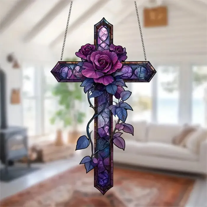 ✝️💜Purple Rose/Butterfly Cross Suncatcher Hanging Decor