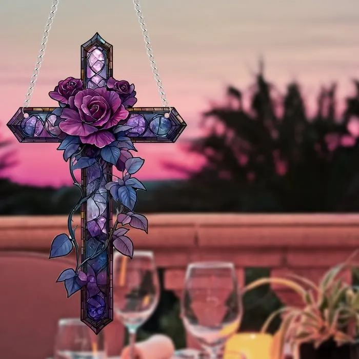 ✝️💜Purple Rose/Butterfly Cross Suncatcher Hanging Decor