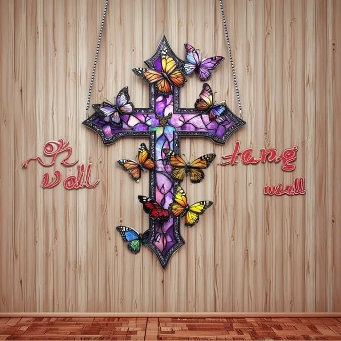 ✝️💜Purple Rose/Butterfly Cross Suncatcher Hanging Decor