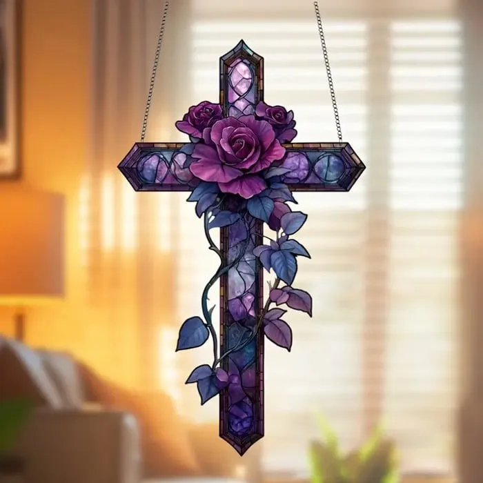 ✝️💜Purple Rose/Butterfly Cross Suncatcher Hanging Decor