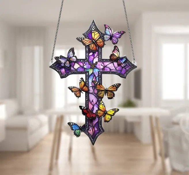 ✝️💜Purple Rose/Butterfly Cross Suncatcher Hanging Decor