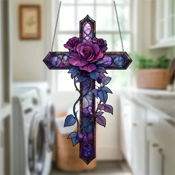 ✝️💜Purple Rose/Butterfly Cross Suncatcher Hanging Decor