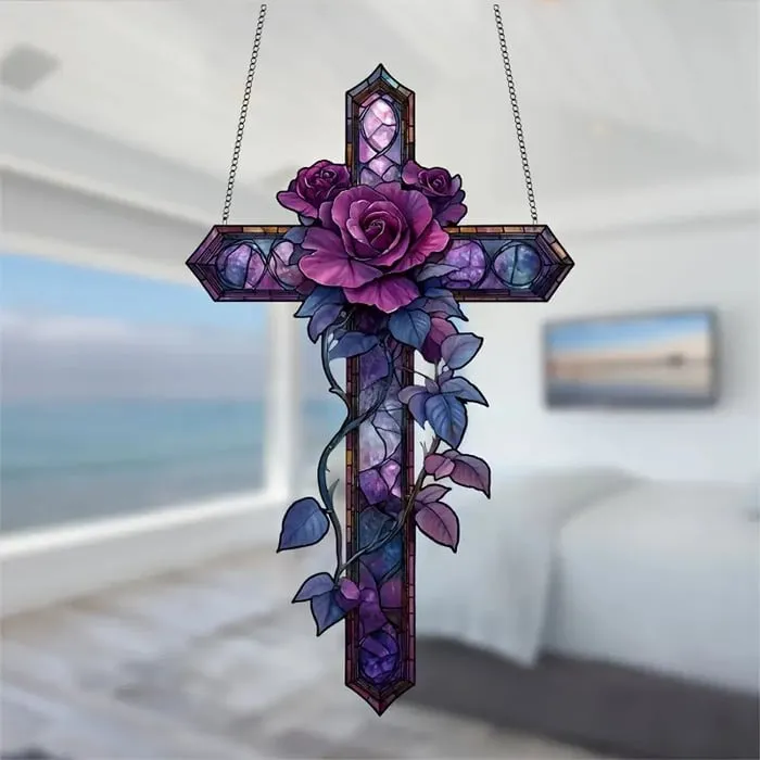 ✝️💜Purple Rose/Butterfly Cross Suncatcher Hanging Decor
