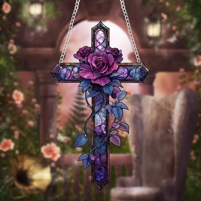 ✝️💜Purple Rose/Butterfly Cross Suncatcher Hanging Decor