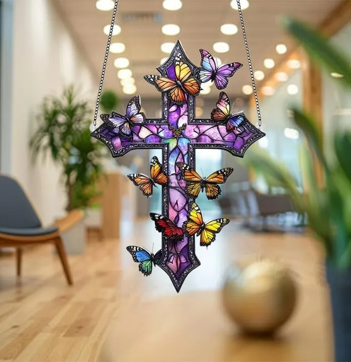 ✝️💜Purple Rose/Butterfly Cross Suncatcher Hanging Decor