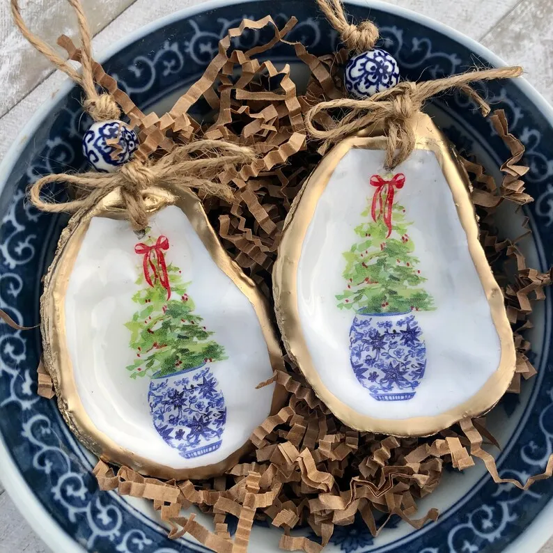 Handmade Blue and White Porcelain Oyster Shell Christmas Ornament