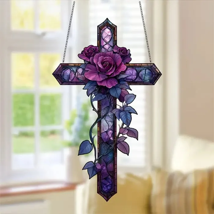 ✝️💜Purple Rose/Butterfly Cross Suncatcher Hanging Decor