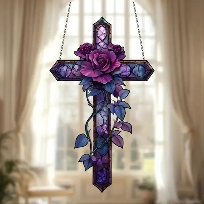 ✝️💜Purple Rose/Butterfly Cross Suncatcher Hanging Decor