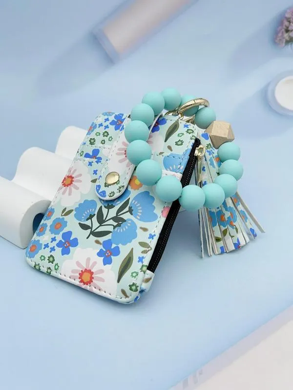 Women's Boho Style Beaded & Tassel Decorated Keychain with Flower Pattern Wallet