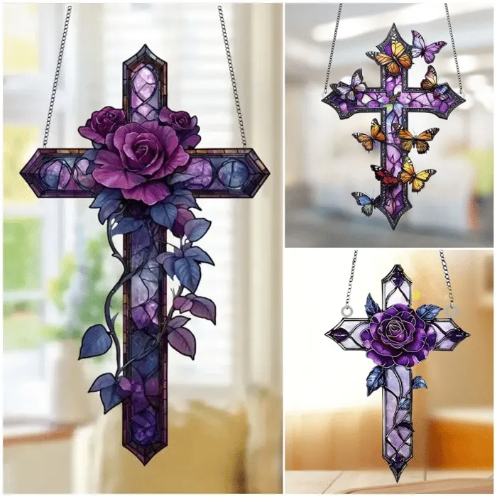 ✝️💜Purple Rose/Butterfly Cross Suncatcher Hanging Decor