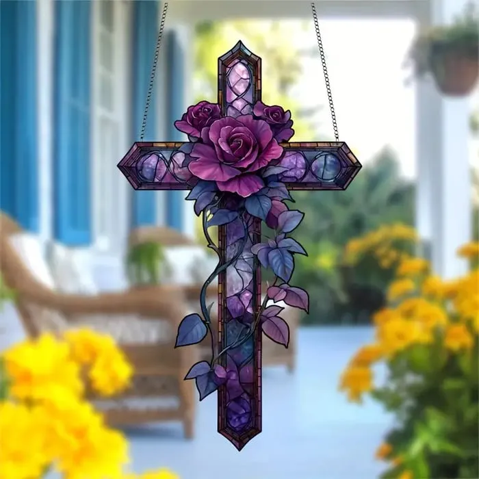 ✝️💜Purple Rose/Butterfly Cross Suncatcher Hanging Decor