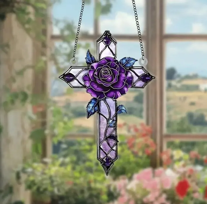 ✝️💜Purple Rose/Butterfly Cross Suncatcher Hanging Decor