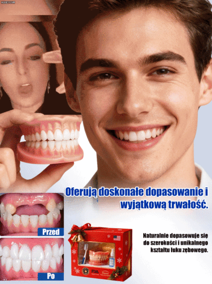 Piękny uśmiech bez dentysty! 🦷✨ Nasze elastyczne nakładki silikonowe dopasowują się do Twoich zębów w minutę. Wyglądają naturalnie i są stabilne nawet podczas jedzenia. 