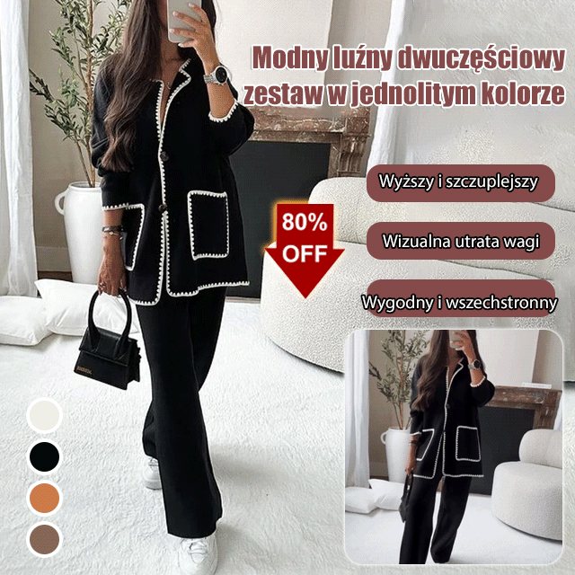 Modny luźny dwuczęściowy zestaw w jednolitym kolorze