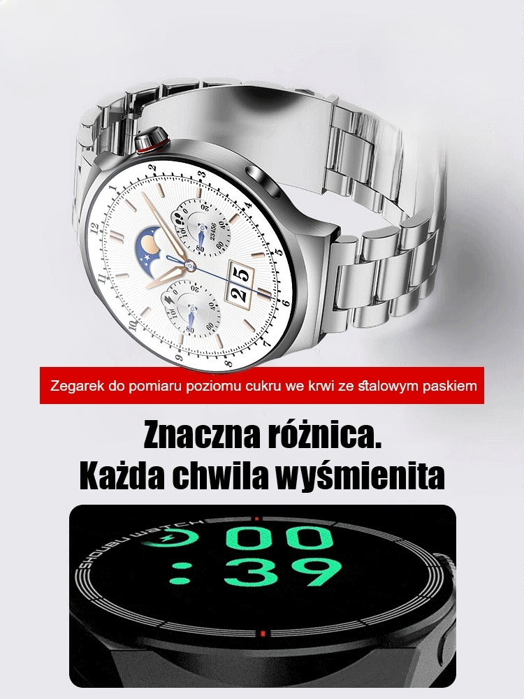 ⌚Zegarek do pomiaru poziomu cukru we krwi ze stalowym paskiem📊Dokładny monitoring, stylowe noszenie, pełen zakres funkcji, długi czas pracy baterii
