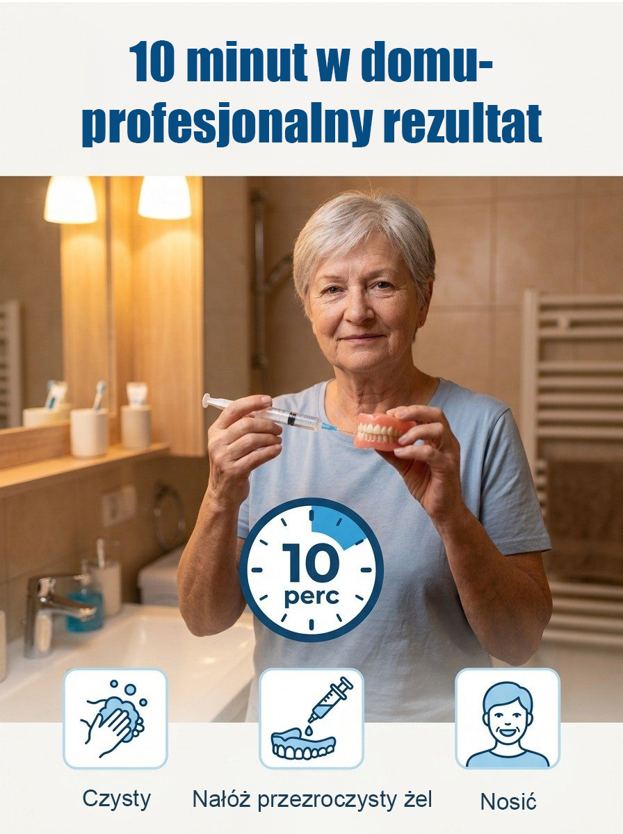 Odzyskaj Pełną Swobodę Uśmiechu! 🦷 Masz dość luźnych protez i chemicznego smaku kleju? Odkryj innowacyjną silikonową wkładkę, która trwale i bezpiecznie stabilizuje Twoją protezę.