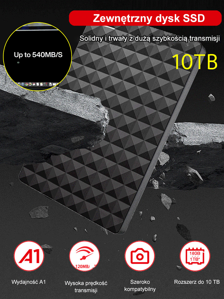 Wysoce węglowy odporny na upadki mobilny dysk twardy o pojemności 10 TB