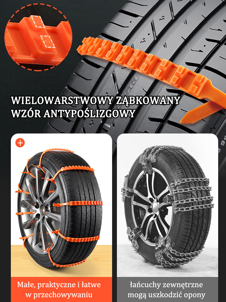 【Certyfikowany przez Professional Rescue Team】👍Nie ma potrzeby zdejmowania opon, nie brudzimy rąk – wystarczy pociągnąć jedną ręką, aby zamontować i zdemontować w 10 sekund.