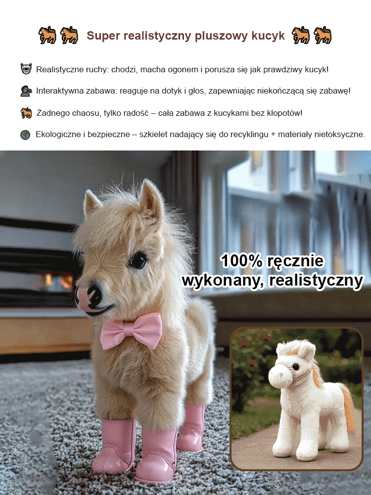 Robot pluszowy kucyk 🐴 Realistyczny design, prawdziwe końskie futro, miękki w dotyku.