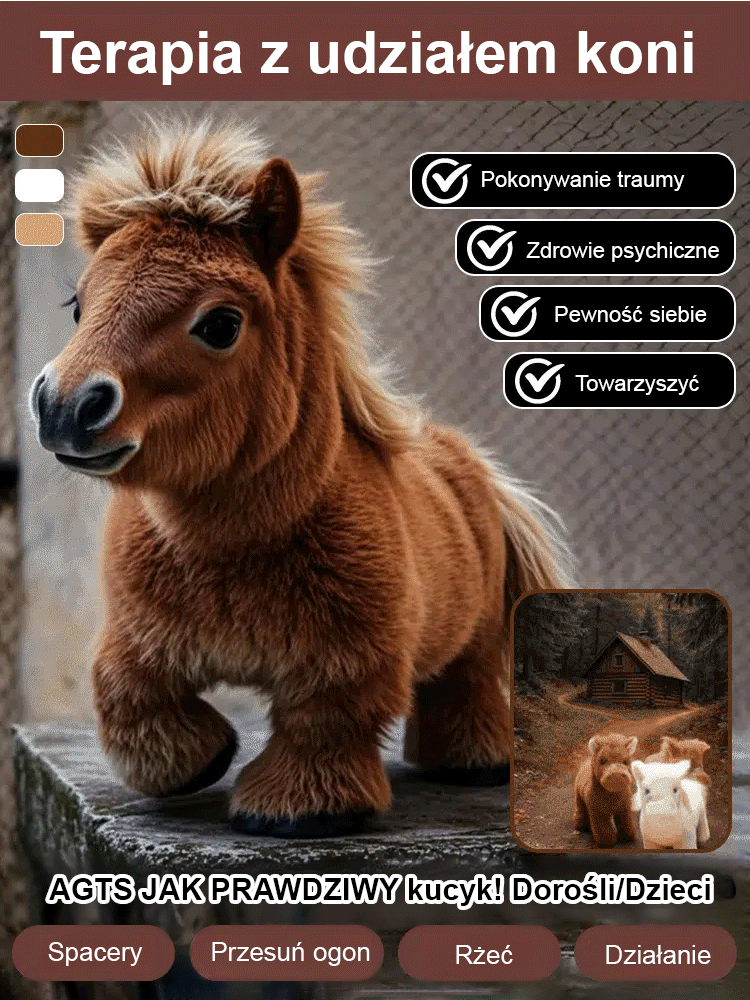 Robot pluszowy kucyk 🐴 Realistyczny design, prawdziwe końskie futro, miękki w dotyku.