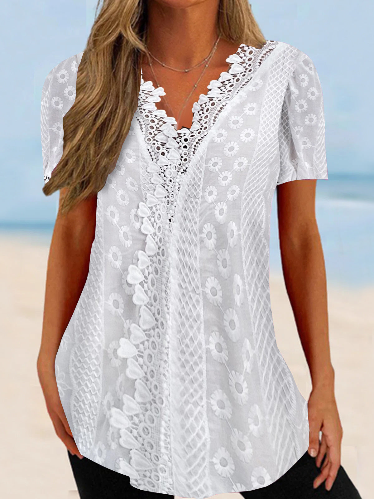 Women's Lace Short Sleeve V-neck Top