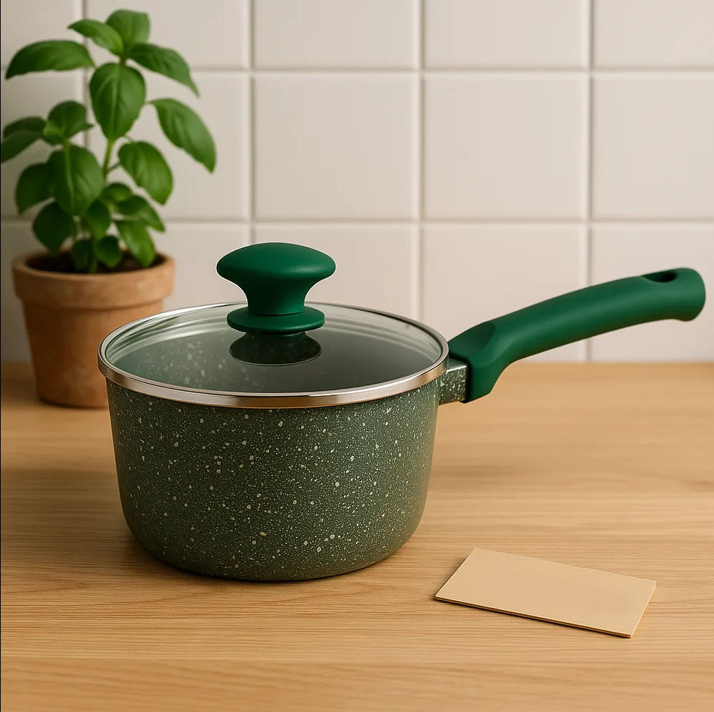 Prestige Premium Non-Stick Granite Saucepan with Glass Lid – Green (High-Heat & Scratch-Resistant) (16cm)