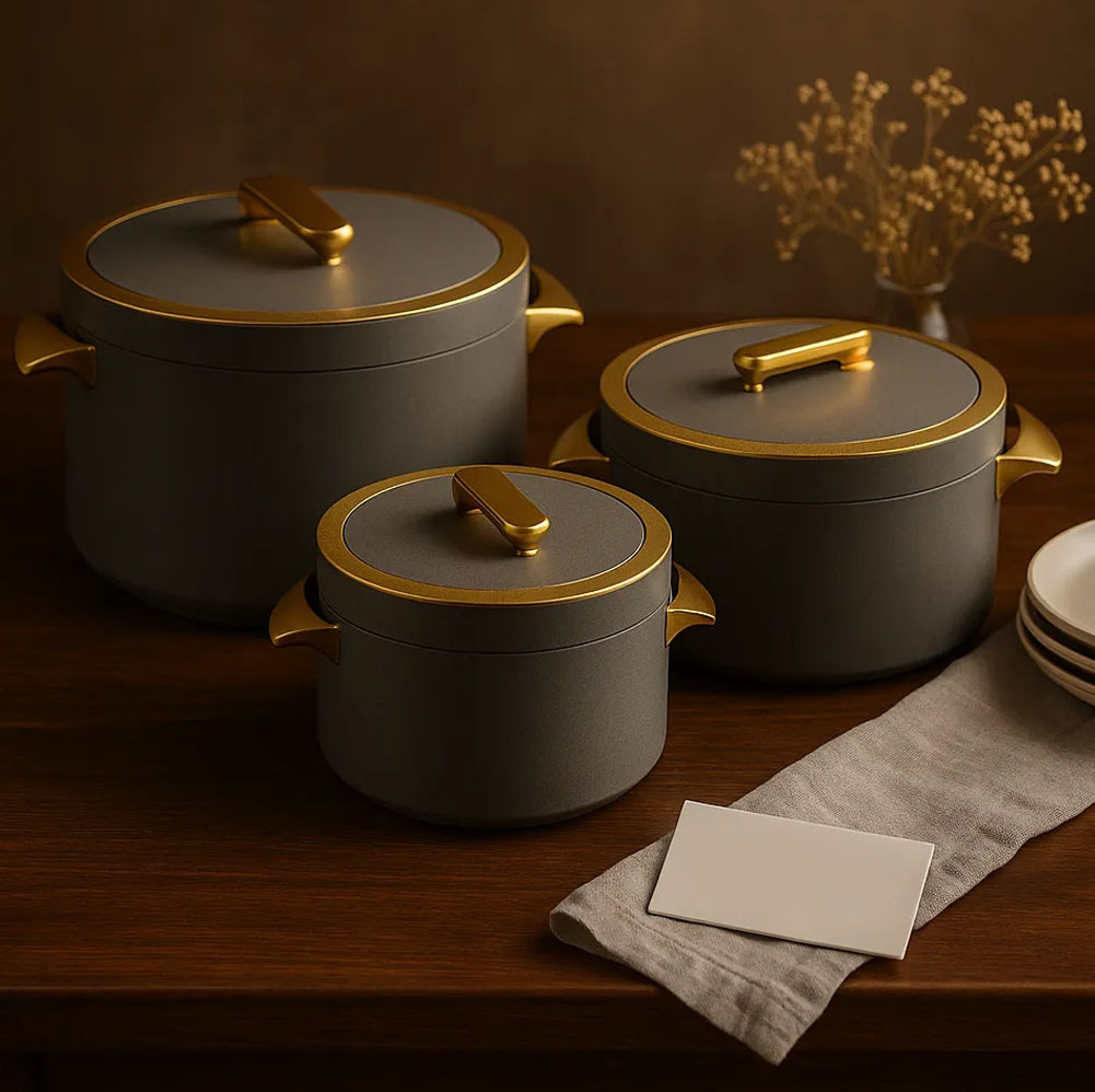 Premium 3-Pcs Insulated Hotpot Set – Grey & Gold | 1000ml, 2000ml, 3500ml