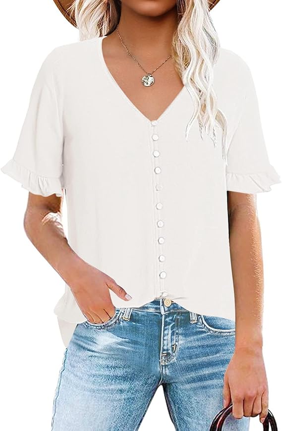 Women's Casual V Neck Tops Ruffle Short Sleeve Blouses Button Down Shi