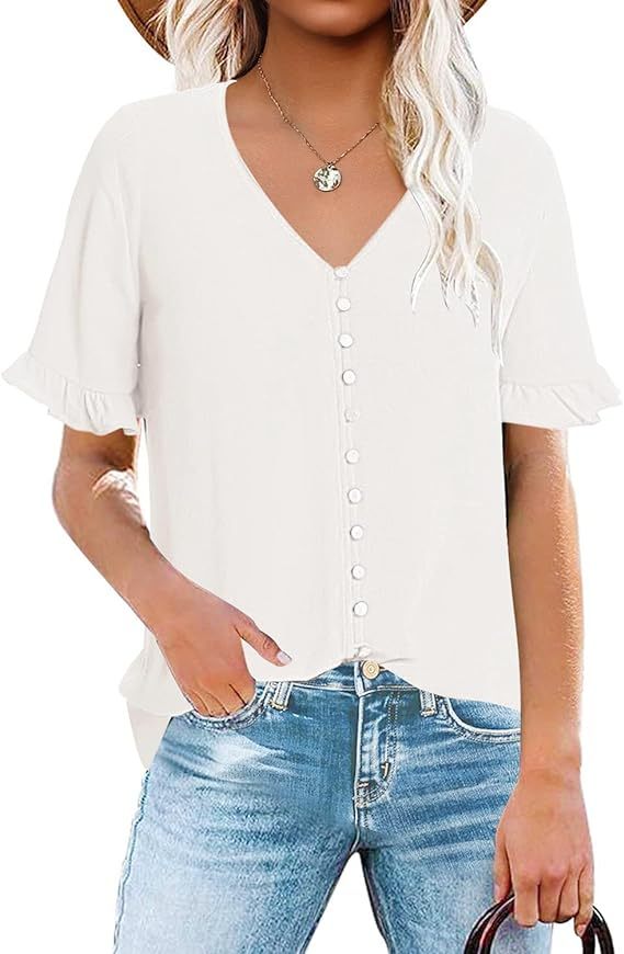 Women's Casual V Neck Tops Ruffle Short Sleeve Blouses Button Down Shi
