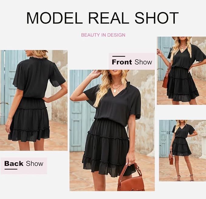 Womens  Summer Fall Elegant Off The Shoulder V Neck Long Sleeve Ruffle Flowy Mini Short Skater Dresses