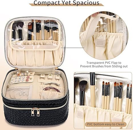 Makeup Bag for Women Double Layer Cosmetic Bag with Jewelry Compartment Large Toiletry Bag for Traveling Portable Makeup Storage Box (A/Black)