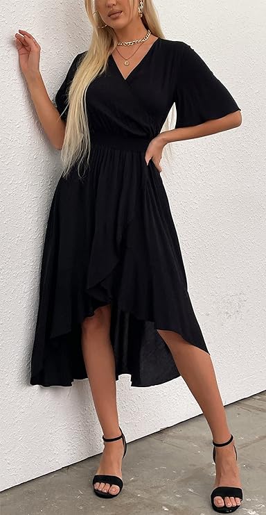 Womens Short Sleeve Floral High Low V-Neck Flowy Party Long Maxi Dress
