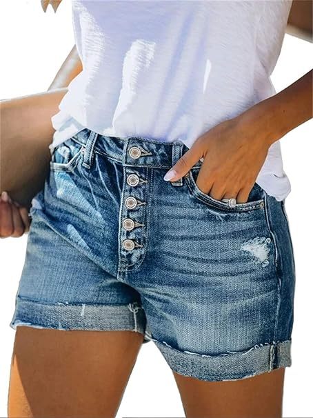 Denim Shorts for Women Mid Rise Ripped Jean Shorts Stretchy Folded Hem Hot Short Jeans