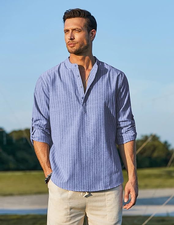 Men's Cotton Linen Henley Shirt Long Sleeve Hippie Casual Beach T Shirts