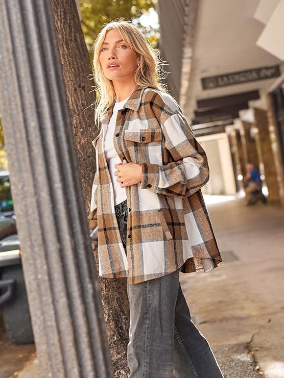 Womens Flannel Plaid Shackets Jackets 2023 Long Sleeve Shirts Tops Fashion Corduroy Winter Clothes With Pockets